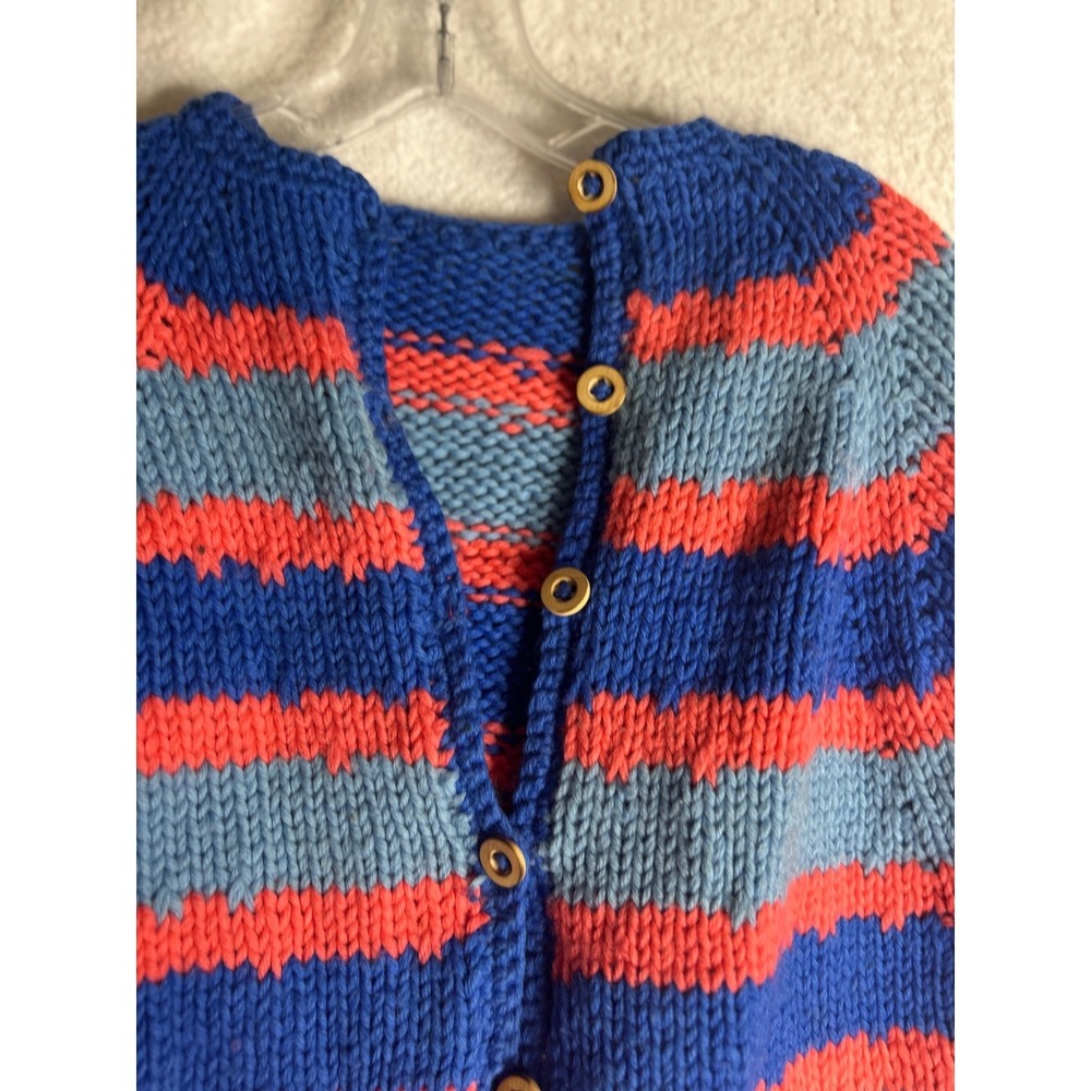 Handmade Striped Knit Poncho Blue Coral Button Front Fringe Cape Wrap